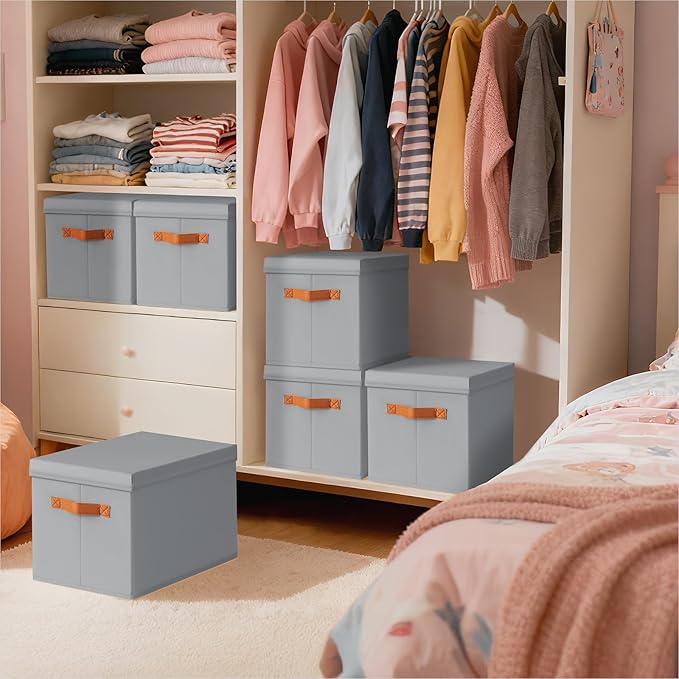 Homsorout Storage Bins with Lids - Large Fabric Closet Bins with Lid, 6 Pack Clothes Organizers and Storage, Collapsible Stackable Cube Basket for Home, Office, Dorm, Grey