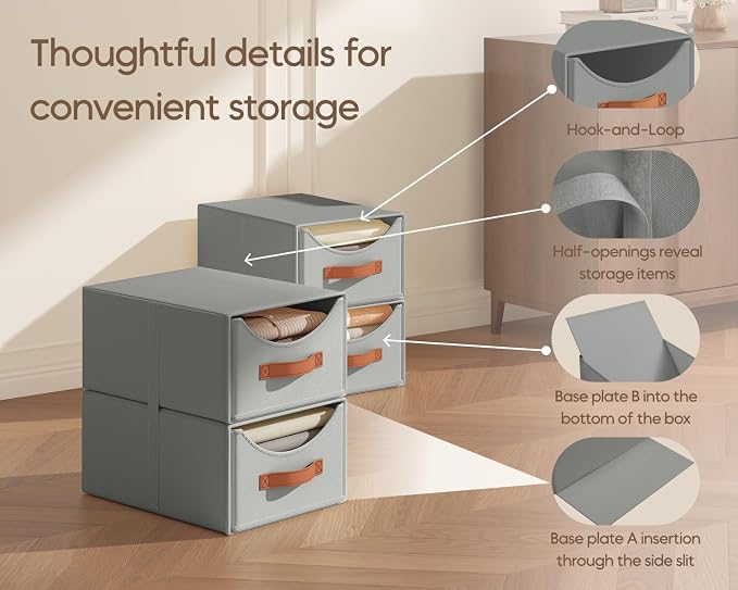 Stackable Storage Drawers - Collapsible Storage Bins with Drawers, 4 Pack Closet Shelf Organizer Basket, Fabric Pull Out Organizer for Bedroom, Living Room, Dorm, Grey