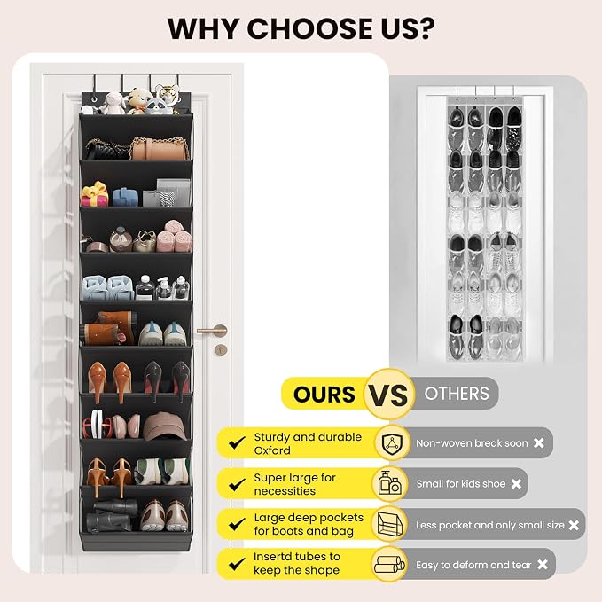 Mefirt 20-25 Pairs Over the Door Shoe Organizer, Clear Pockets Shoe Rack for Closet Door, 10-Tier Hanging Shoe Rack for Boots, Behind the Door Shoe Holder Fit All the Family's Sneakers, Heels, Black