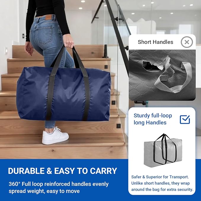 Extra Large Moving Bags, 2 Pack Blue Oversized Storage Totes with Strong Zipper & Reinforced Full Loop Handles, Collapsible Storage Bags for Space Saving, for King/Queen Comforter, Blankets & Clothes