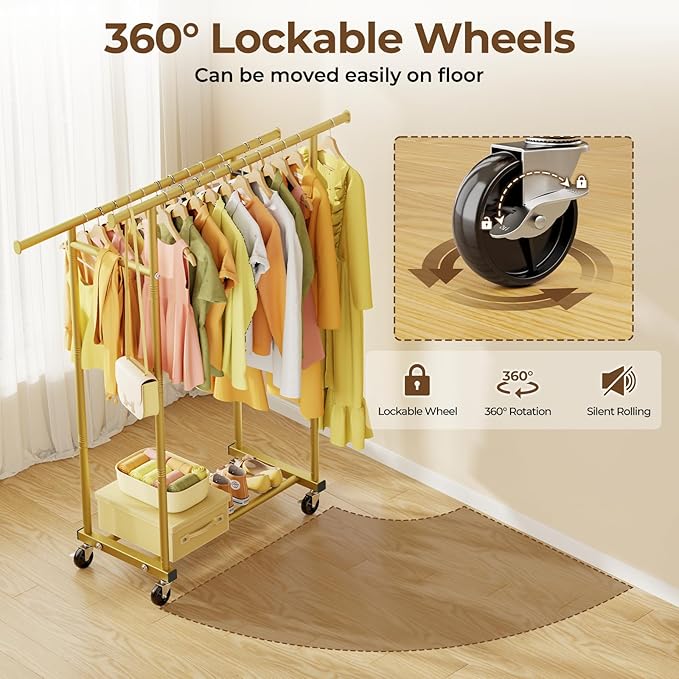 HYSEYY Double Rods Clothes Rack, Sturdy Rolling Clothing Rack, Portable Clothing Racks for Hanging Clothes - Metal Garment Rack Wardrobe Coat Rack for Bedroom Laundry Living Room, Gold