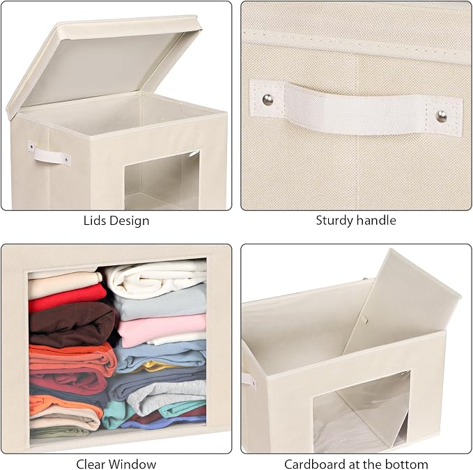 Univivi Fabric Storage Bins with Lids for Closet, 4 Pack, Beige | Fabric Foldable Storage Boxes, Sturdy Collapsible Storage Bins with Clear Window, Storage Bins for Home, Closet, Shelves