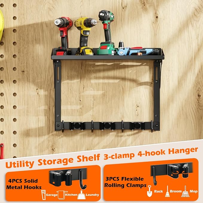 Broom Holder Wall Mount with Cleaning Supplies Organizer | Laundry Room Shelves, Mop Hanger Rack Gripper Hooks, Vacuum Organizer, Wall Hanging for Home Garage Kitchen