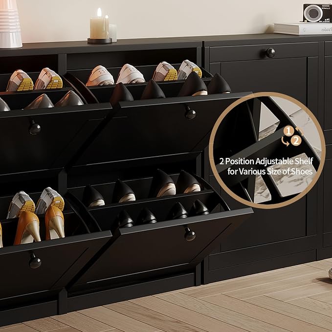 VOWNER Shoe Cabinet with 4 Flip Drawers, Freestanding Shoe Storage Cabinet with Adjustable Shelf & Anti-Tipping Device, Shoe Rack for Entryway, Hallway, Living Room (Black)