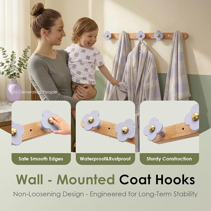 Tindbea Upgreded Heavy Duty Coat Rack Wall Mount for Entryway, Kids' Room | Cheery Wood, Purple, 5 Hooks
