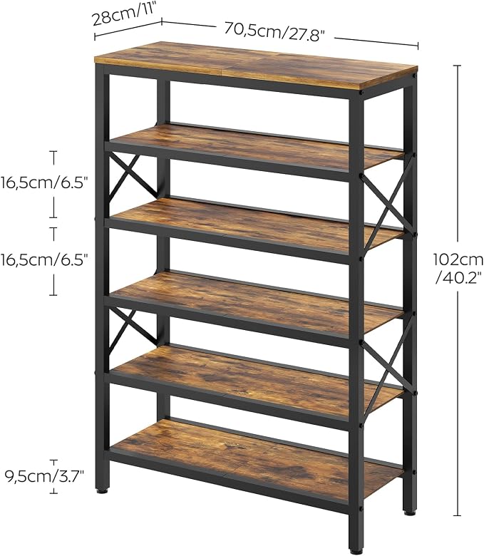 6-Tier Tall Shoe Rack Organizer, Wooden Shoe Storage for Closet Holds 24 Pairs, Sturdy Shoe Shelf with X-Shaped Metal Support, for Entryway, Bedroom, Rustic Brown and Black SS206BR