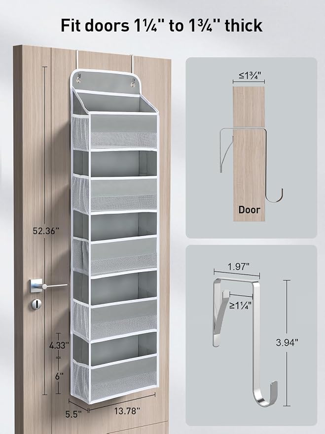 Yecaye 1 Pc Over the Door Organizer with 5 Bins 10 Side Pockets, 44lbs Load Hanging Bathroom and Bedroom Organizer, behind the Door Hanging Organizers for Nursery Newborn Baby Essential Stuff Grey