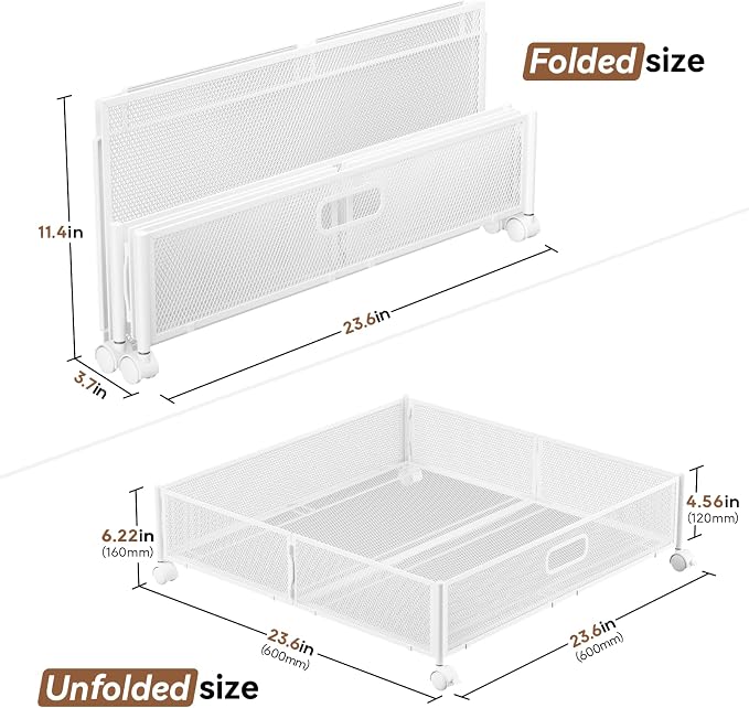 PHINOX Under Bed Storage with Wheels & Handle,Metal,Large,4 Pack,White | Tool-free assembly,glide smoothly,easy reach,foldable,maxmazie low-profile beds,dorm,keep seasonal clothes,shoes,sockes fresh