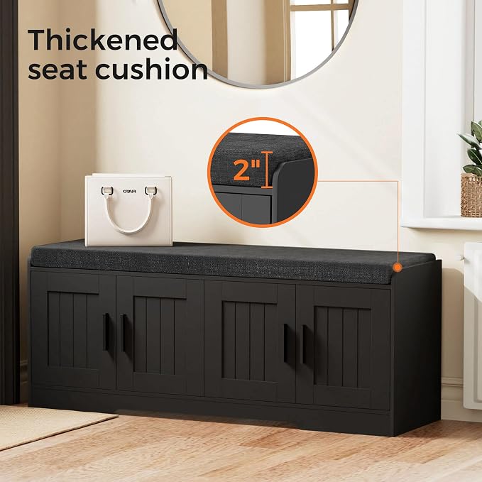 Homleke Shoe Storage Bench, 4 Doors & Thickened Padded Seat Cushion | 2-Tier Shoe Bench, Entryway Bench, Adjustable Shelf, 13.8" D x 45.3" W x 18.5" H, for Living Room, Bedroom, Black