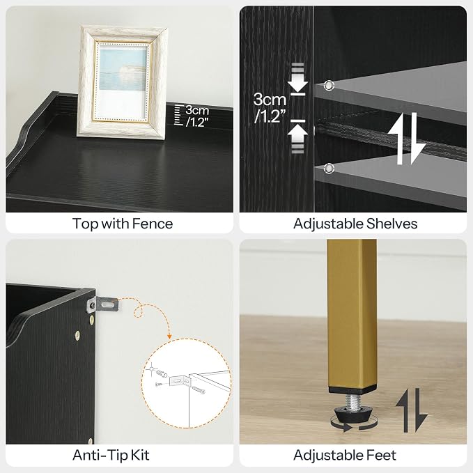 HOOBRO Shoe Cabinet, 5-Tier Shoe Storage Organizer with Doors, Wooden Shoe Cabinet Storage for Entryway, Freestanding Shoe Rack Cabinet with 3 Adjustable Shelves for Hallway, Gold and Black DB41SC01