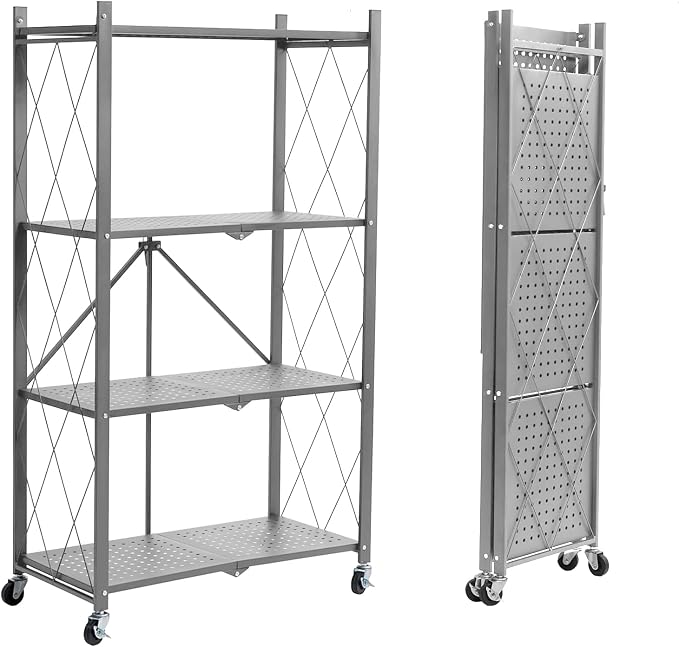 BRIAN & DANY 4-Tier Foldable Storage Shelves with Wheels, Folding Metal Rack Shelving Unit, Heavy Duty No Assembly Organizer Shelf for Garage, Kitchen, Basement, Pantry, Gray