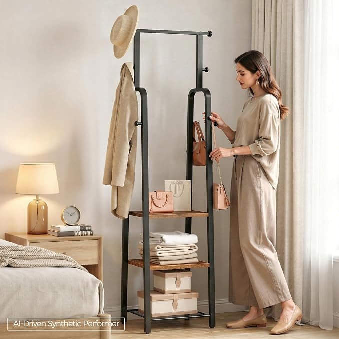 MAHANCRIS Coat Rack Freestanding, Hall Tree with 3-Shelves and 8 Hooks, Industrial Clothes Rack Stand Organizer for Entryway, Bedroom, Bags, Hats, Scarves, Rustic Brown and Black CRHR14901