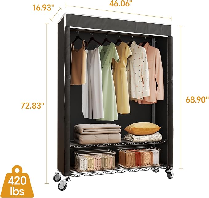 Higeego H4 Plus Rolling Clothes Rack with Cover, Black | Heavy Duty Clothing Rack with Wheels, Portable Closet for Hanging Clothes, Wardrobe Closets Rack with Black Fabric Cover