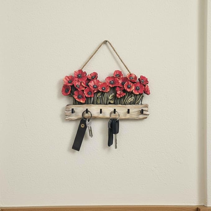 Oak & Hearth Wooden Key Holder for Wall – Rustic Poppy Flower Key Rack with 6 Hooks – Farmhouse Entryway Organizer & Wall Decor