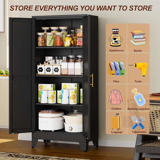 61" Black Metal Storage Cabinet with 2 Doors and 3 Adjustable Shelves,Steel Garage Tool Cabinet, File Cabinet,Kitchen Pantry Cabinet for Home,Office,Garage,School,Warehouse