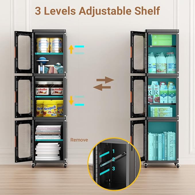 BROVIEW 1-Tier Tall Narrow Storage Cabinet Organizer, Slim Bathroom Cabinets with Adjustable Shelves and Door, Plastic Kitchen Pantry Organizers and Storages for Small Space, Laundry, Black