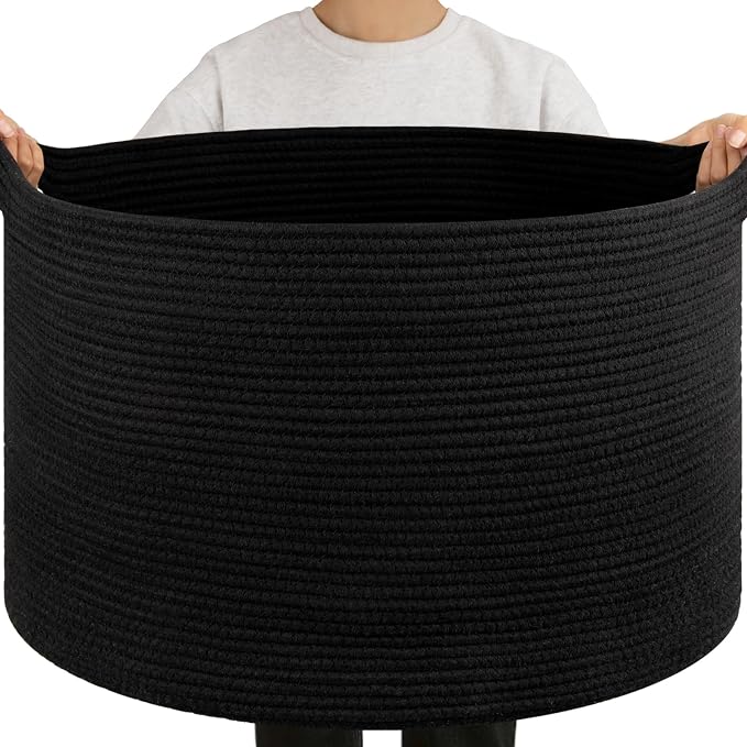 OIAHOMY 105L Extra Large Blanket Basket - Decorative Cotton Rope Storage Basket for Bedroom, Living Room & Nursery - Woven Laundry Hamper for Organizing Blankets, Clothes & Toys - Black