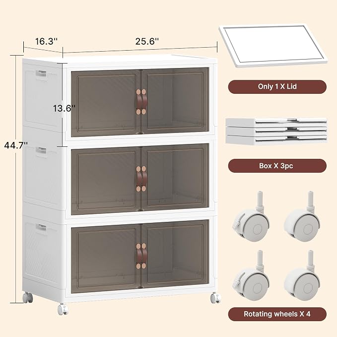 752QT Extra Large Stackable Storage Bins with Lids & Wheels | & Door,Total 188Gal for 3-Tier set Foldable Collapsible Closet Organizers, Plastic containers drawers for bedroom Dorm