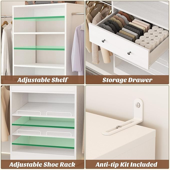 Wood Closet Organizer System - 4FT-9FT Expandable Wardrobe Closet with Drawer & 4 Hanging Rods, Heavy Duty Walk-in Closet 1000Lbs for Bedroom Walk-in Closet, White
