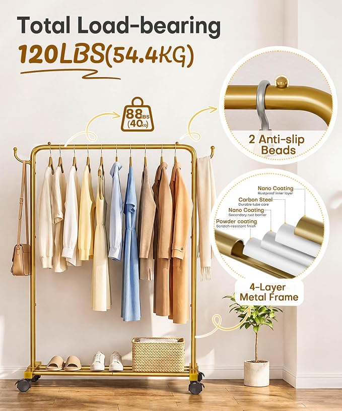 Homde Portable Clothes Rack for Bedroom: 4 Lockable Wheel Move Room-to-Room | Laundry to Closet in 1 Smooth Roll - No Heavy Lifting for Renters & Movers - 88 lbs Hanging Rod for Garment Coat to T-Shirt