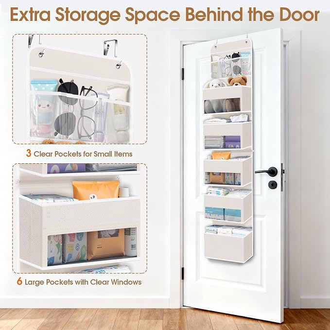 Over The Door Organizer Storage behind Door Hanging Organizer for Nursery | 6 Tier, Detachable, Clear Window, Sturdy Construction, Space-Saving Storage for Closet, Bedroom, Bathroom & Nursery