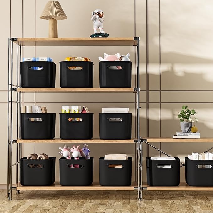 8 Pack Black Storage Bins with Lids for Shelves, Plastic Storage Containers with Lids for Organizing, Stackable Storage Boxes with Handle, Black Storage Bins for Classroom, Craft, Snacks