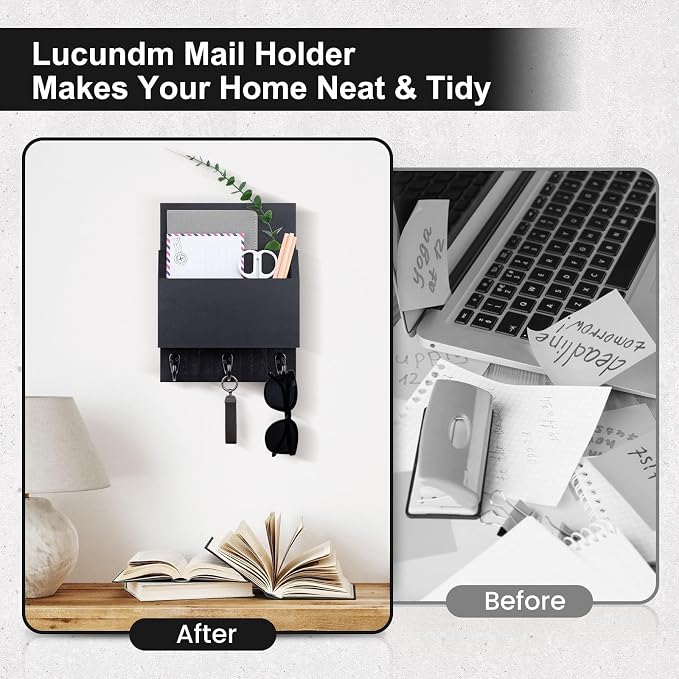 Key and Mail Holder for Wall Mount, Entryway Mail Holder with 2 Slot, Key Holder with 3 Sturdy Hooks for Coat, Dog Leash, Decorative Key Rack (8.86”W x 11.42”H x 3”D) (Black)