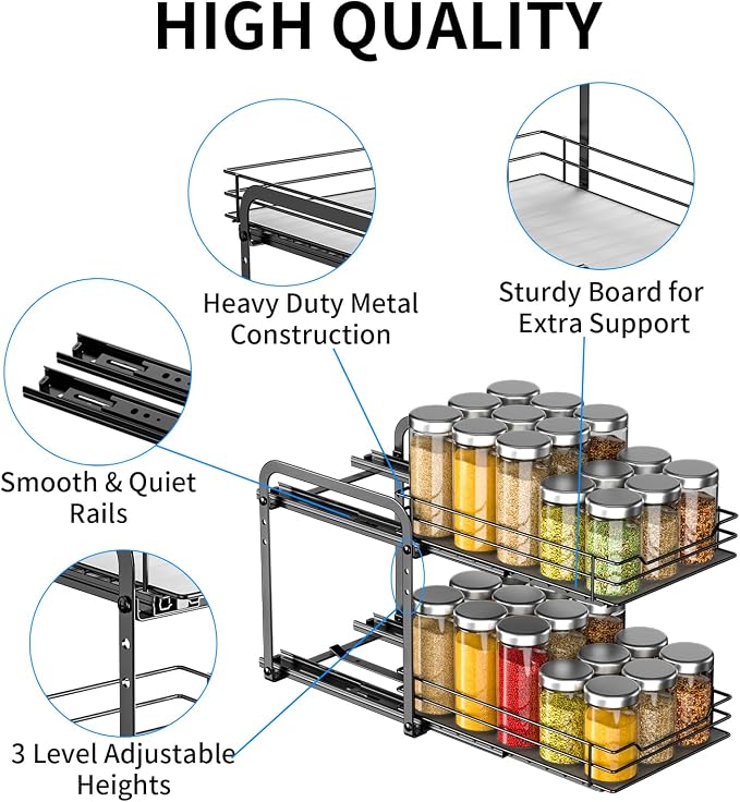 RCHYFEED 2 Tier Pull Out Spice Rack for Cabinet,7.5" Wx10.5 Dx9.5 H | Height Adjustable Spicy Shelf Metal Slide Out Spice Rack Heavy Duty Vertical Spice Shelf for Inside Cabinets & Pantry