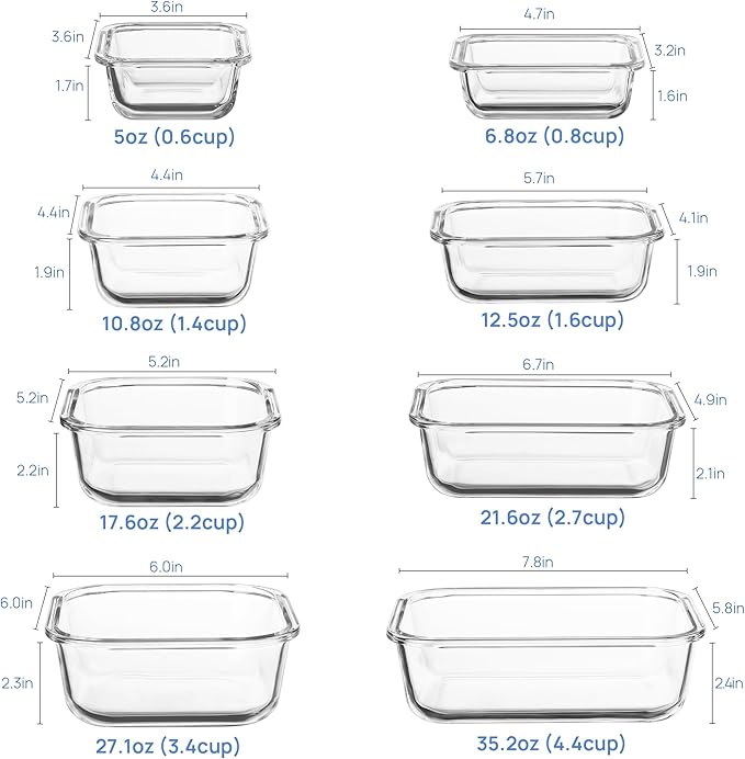 Vtopmart 8 Pack Glass Food Storage Containers with Airtight Lids | Meal Prep Lunch Containers, Leakproof, Leftover Storage, Take-out, Microwave, Oven, Freezer and Dishwasher Safe, BPA Free