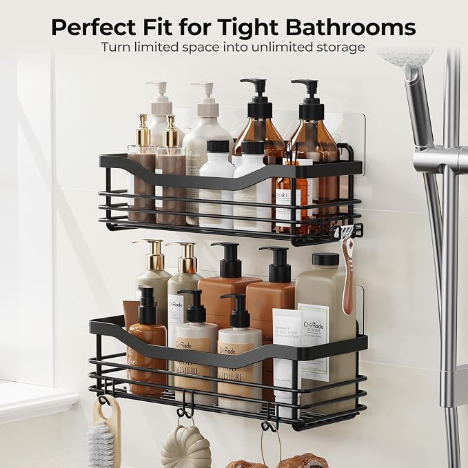 Orimade Adhesive Shower Caddy Shelf with 5 Hooks Organizer Storage Rack Rust Resistant Wall Mounted Stainless Steel No Drilling for Bathroom, Toilet, Kitchen - 2 Pack,Black