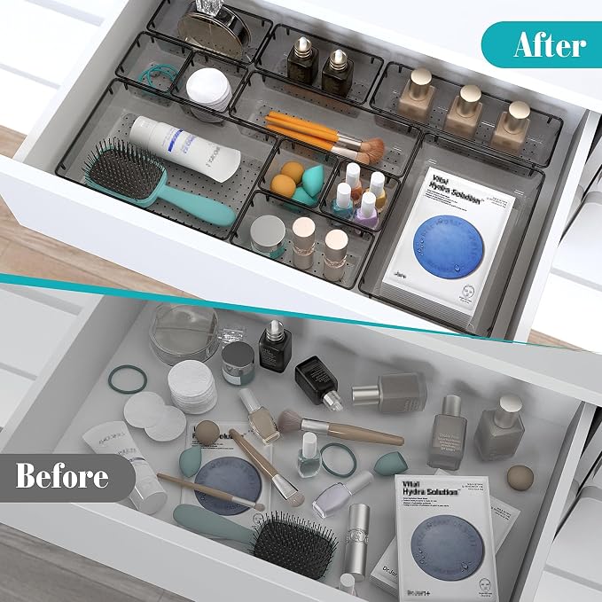 StorMiracle 28 PCS Clear Plastic Drawer Organizers Set, 4 Size Desk Drawer Organizer Trays for Makeup, Jewelry, Kitchen Utensils, Gadgets and Office Accessories, Black