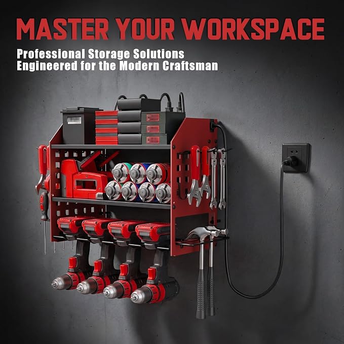 SPACECARE Power Tool Organizer with 6 Outlets, 3-Layer Heavy Duty Wall Mount Drill Storage Rack, Cordless Tool Charging Station with Utility Shelf, Garage Organization and Storage for Workshop- Red