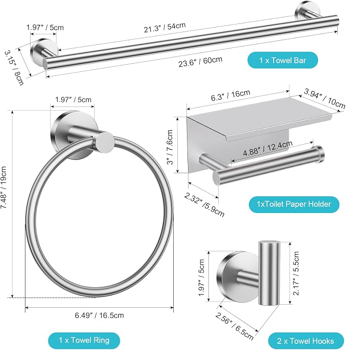 TURS Brushed Nickel 5-Piece Bathroom Hardware Set Towel Bar Set SUS304 Stainless Steel Towel Racks for Bathroom Wall Mounted, 23.6-Inch