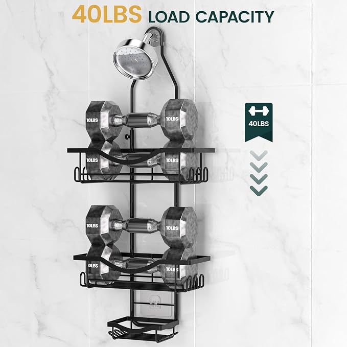 Shower Caddy Hanging Adjustable Shower Caddy, Rustproof Shower Organizer Extended Length Shower Caddies Over Shower Head with Hooks Soap Holder, Large Capacity Anti-Swing Bathroom Storage, Black | Extra Long, No Drilling, Anti-Slip, Shower Caddy Over S...