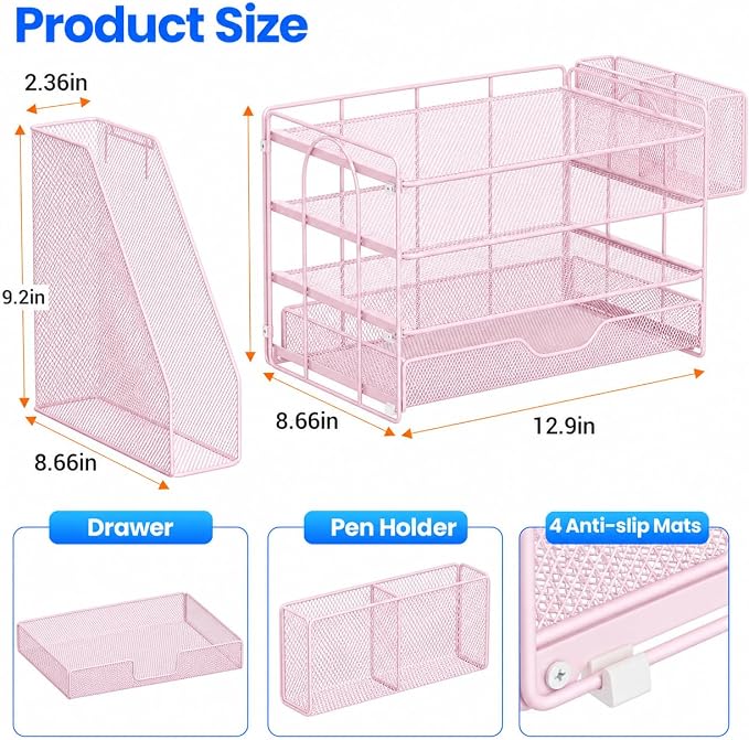 OPNICE Desk Organizer, 4-Tier Desktop File Organizer with Drawer and Pen Holders, Office Desk Accessories, File Sorters, Workspace Organizers for Office Supplies(Pink - Metal Pen Holder)