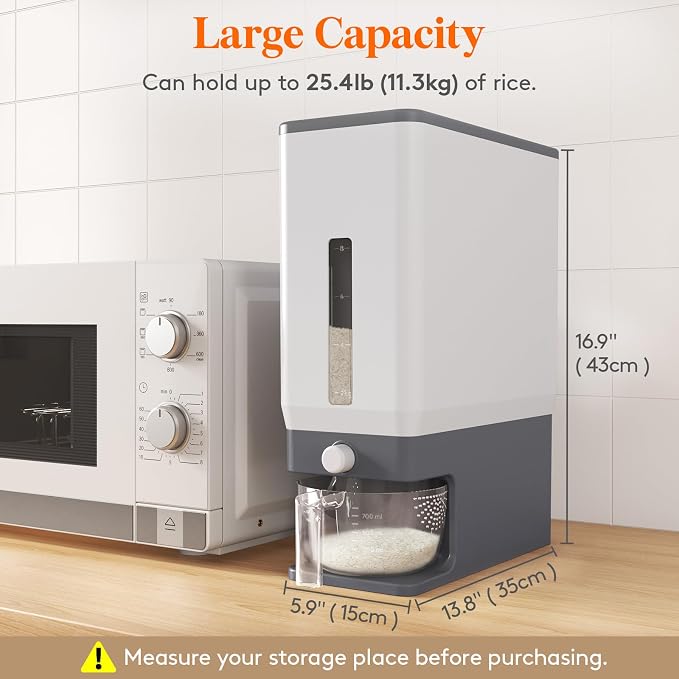 Lifewit Rice Dispenser 25 Lbs(11.3kg), Rice Storage Container Sealed Moisture Proof with Measuring Cup for Kitchen Pantry Household, BPA-Free, 1 Pack Grey