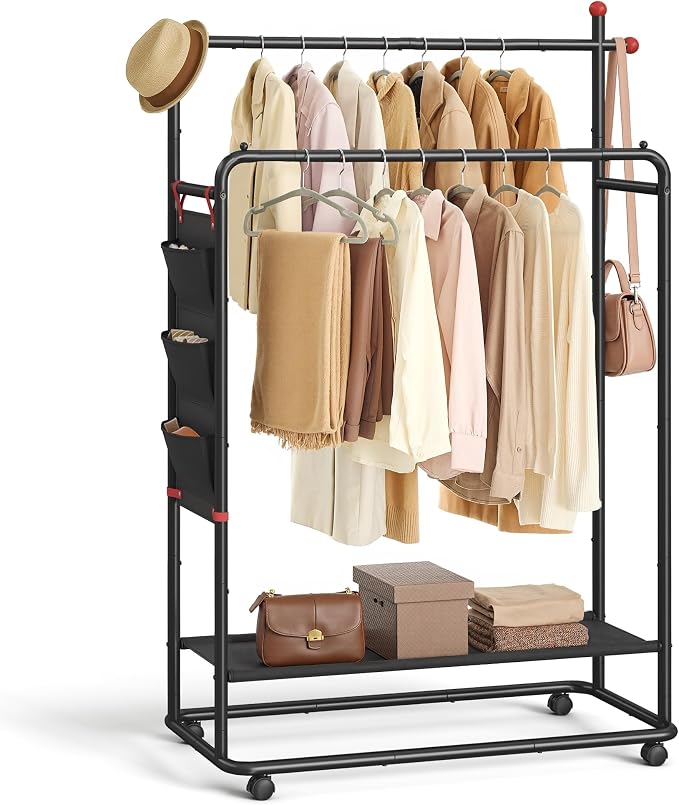 SONGMICS HOME Double-Rod Clothes Rack, Clothing Rack on Wheels, Portable Garment Rack, with 2 Clothes Hanging Rails, Fabric Shelf and Storage Bag, Matchstick-Shaped Hooks, Ink Black UHSR171B01