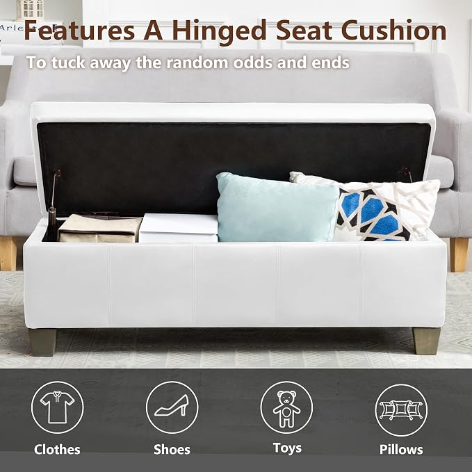 51 Inch Storage Ottoman, Storage Bench with Safety Hinge, Upholstered Synthetic Leather Ottoman Bench for Bedroom, Living Room, Entryway, Hallway, Foot Rest, Support 500lbs
