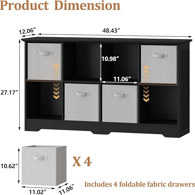 8 Cube Storage Organizer Shelf, Wood Cubby Storage with 4 Fabric Drawers | 2 Tier Wooden Bookshelf with 2 Adjustable Shelves, Fluted Side Panels Bookcase for Bedroom, Living Room, Home Office, Black