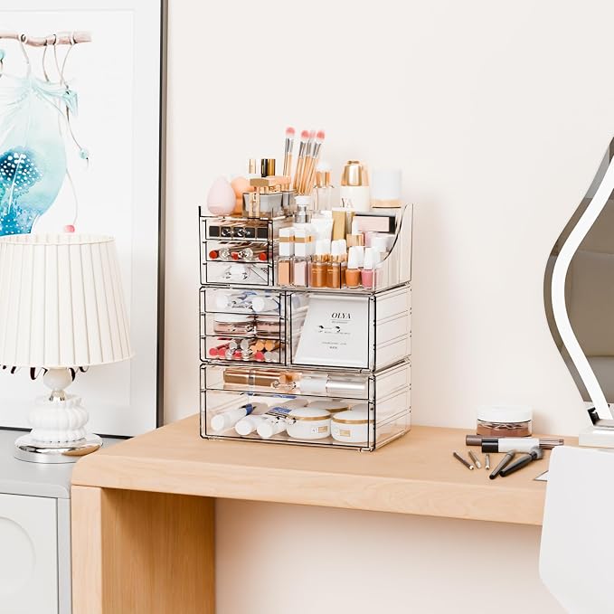 3 Pack Clear Makeup Organizer Countertop for Dresser,Vanity and Bathroom Counter Organizer,Tiered Stackable Makeup Acrylic Organizers with 9 Drawer for Skincare,Brush and Make up Holders