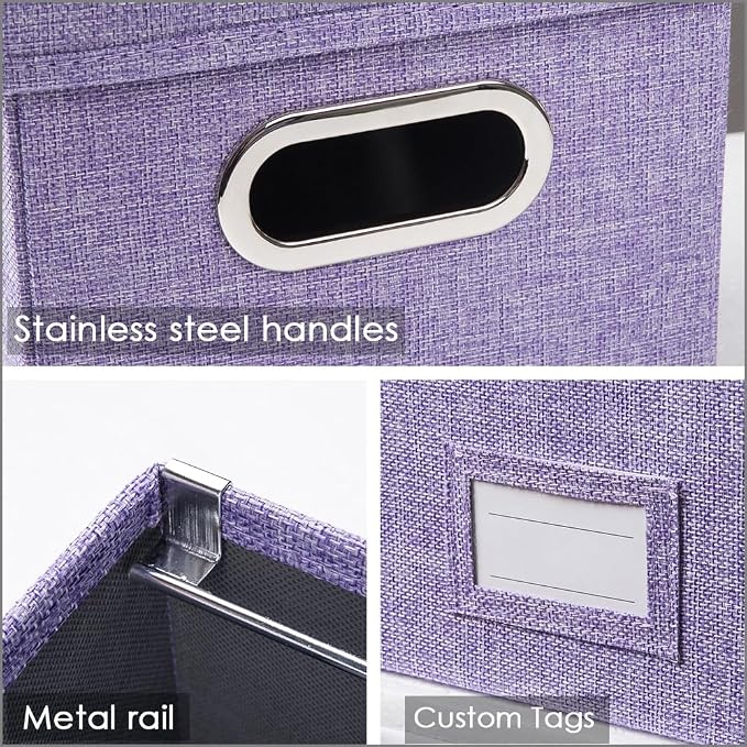 File Organizer Box - Set of 1 Collapsible Decorative Linen Filing Storage Hanging File Folders with Lids Office Cabinet Letter Size Purple (14x9.3x10.8 inch)