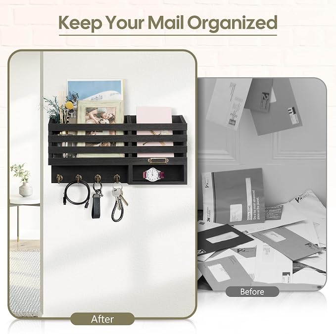 FifthQuarter Mail Holder Wall Mount with 2 Mail Shelf and 4 Sturdy Key Hook | Wooden Entryway Organizer and Decorative, Easy Installation