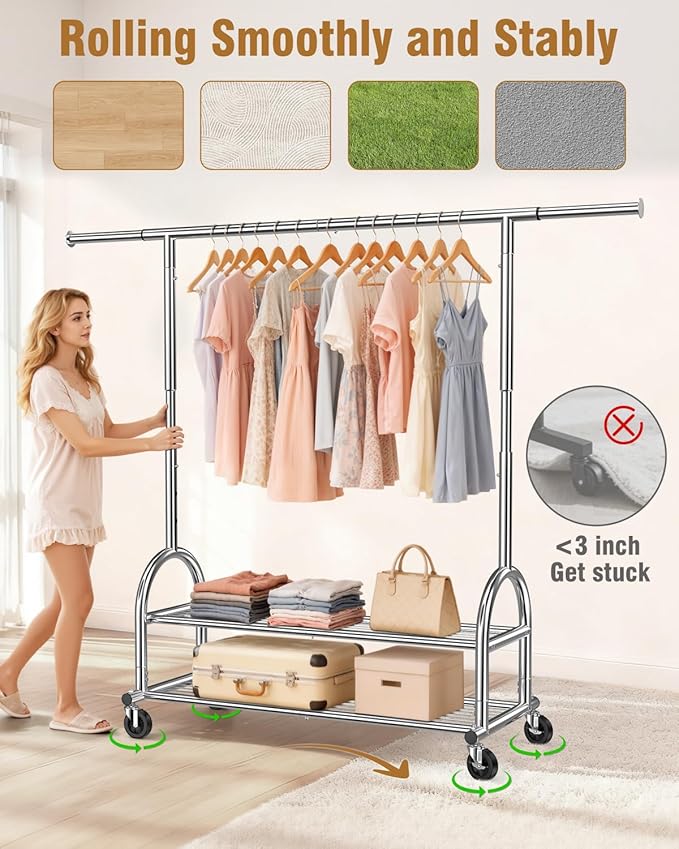 EAGMAK Heavy Duty Clothes Rack for Hanging Clothes Load 556 LBS, Height Adjustable Rolling Clothing Racks, Portable Metal Coat Rack Garment Wardrobe with Wheels and Shelves for Bedroom Laundry, Silver
