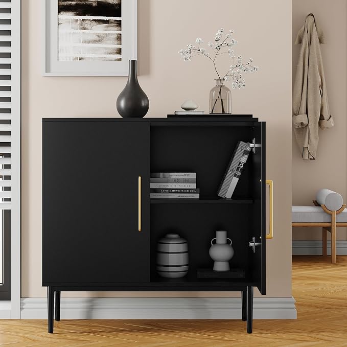 Black Storage Cabinet with Doors, Modern Accent Cabinet, Free Standing Cabinet with Adjustable Shelf, Wooden Buffet Sideboards for Living Room, Kitchen, Dining Room, Entryway