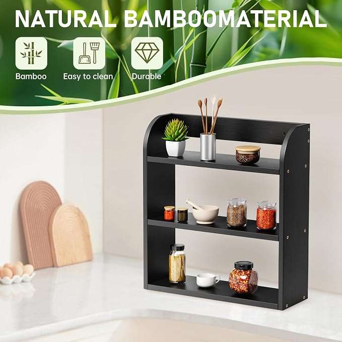 ROMGUAR CRAFT 3 Tier Bamboo Spice Rack, Countertop or Wall Mounting Wood Spice Jars Organizer Shelf for Kitche, Pantry (Black)