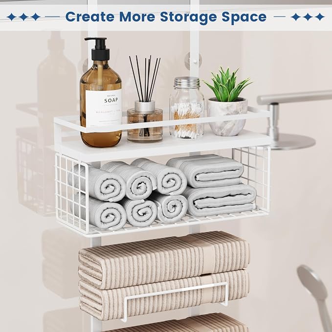 Aetyord Towel Racks for Bathroom Over The Door Towel Racks Towel Storage Organizer with Metal Shelf Basket for Bathroom Rv Camper (7-Tier White)