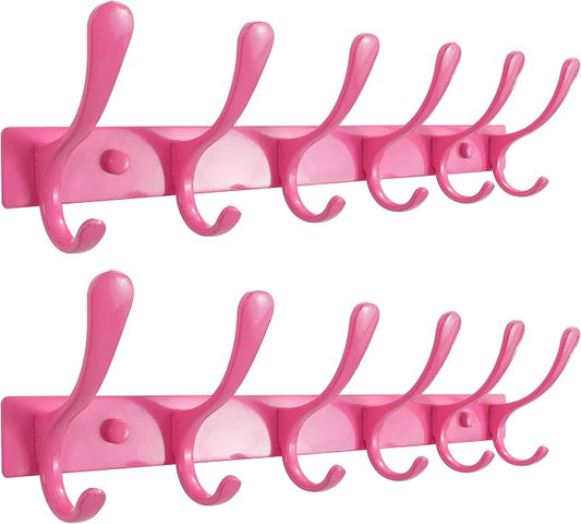SKOLOO Wall Mounted Coat Rack - 6 Hooks, Pack of 2, Heavy Duty, Stainless Steel, Metal Wall Hanger, Sturdy Coat Hooks for Hanging Coats, Jackets, Clothes, Hats - Pink