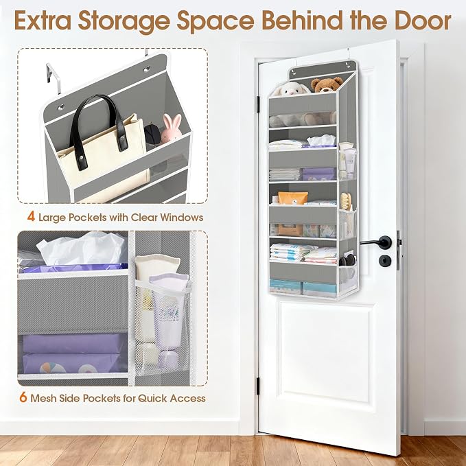 Over The Door Organizer Storage behind Door Hanging Organizer for Nursery | 4 Tier, 6 Side Pockets, Clear Window, Sturdy Construction, Space-Saving Storage for Closet, Bedroom, Bathroom & Nursery