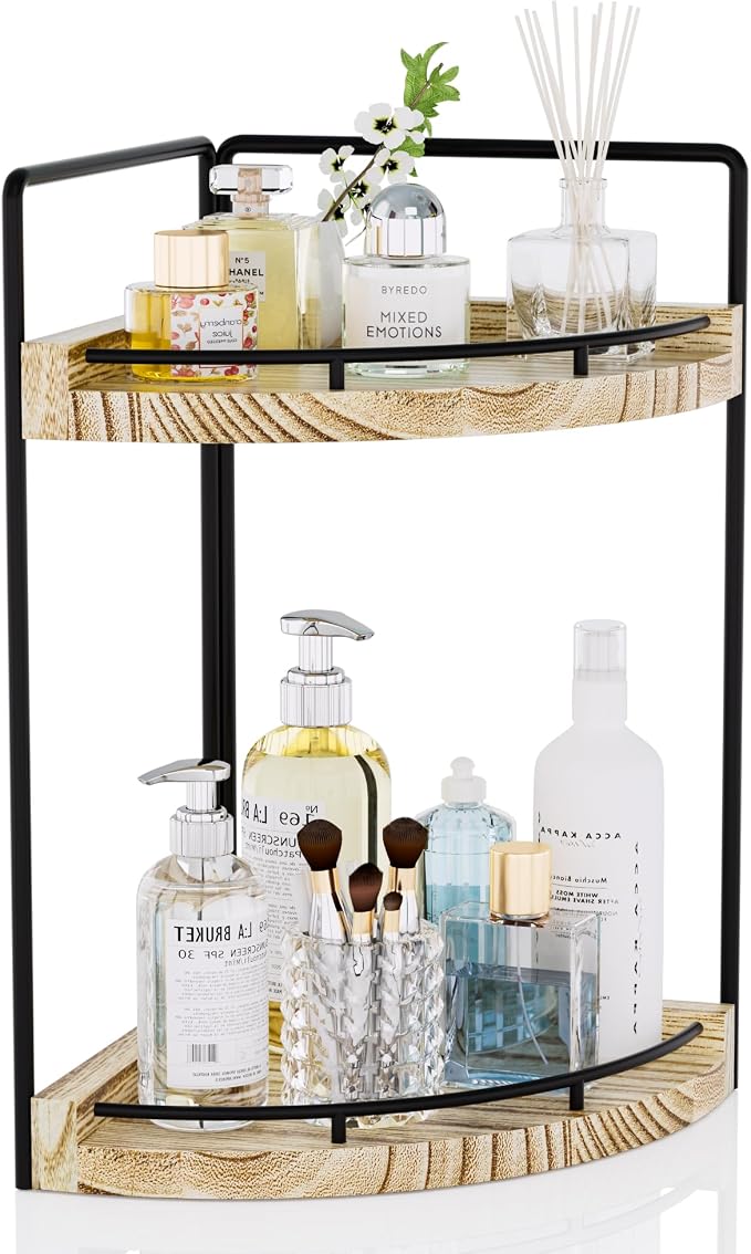 Corner Bathroom Counter Organizer, 2 Tier Wood Vanity Storage, Waterproof Skincare Shelf for Kitchen & Toiletries Decor, Dresser (Rustic-2 Tier)