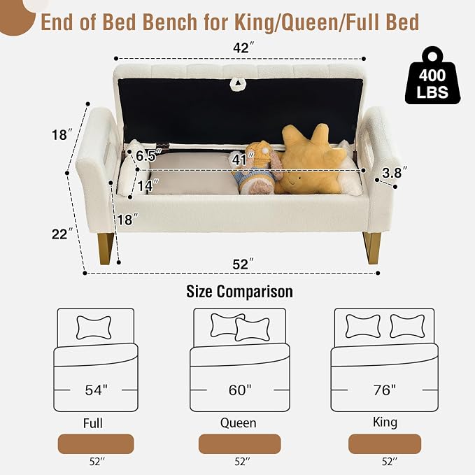 52" Storage Bench for Bedroom Upholstered End of Bed Bench Queen Size Ivory | Bedroom Benches for Foot of Bed Queen with Gold Legs,2 Pillows,Teddy Storage Ottoman Bench for Bedroom,Entryway,Cloakroom